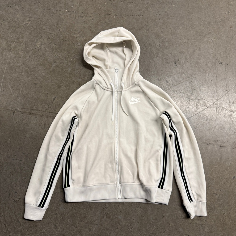 Nike Womens Sportswear Full Zip Hoodie Cream White Striped‎ Sleeve Large L